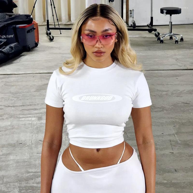 

Women' T Shirts Y2k Letter Printed Tshirt For Women White Basic Short Sleeve Crop Top Round Neck Street Slim Pullover Tee Fashion Female