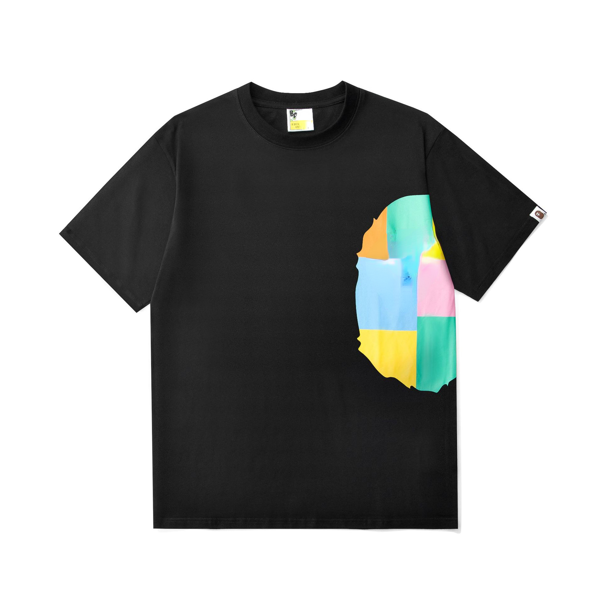 

Right Color Block Stitching Ape-man Head Print Cotton Short Sleeve T-shirt, White