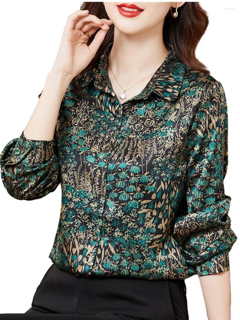 

Women's Blouses 5XL High-end Women Spring Summer Shirts Lady Fashion Casual Long Sleeve Turn-down Collar Retro Printing Blusas Tops CT0607, Green