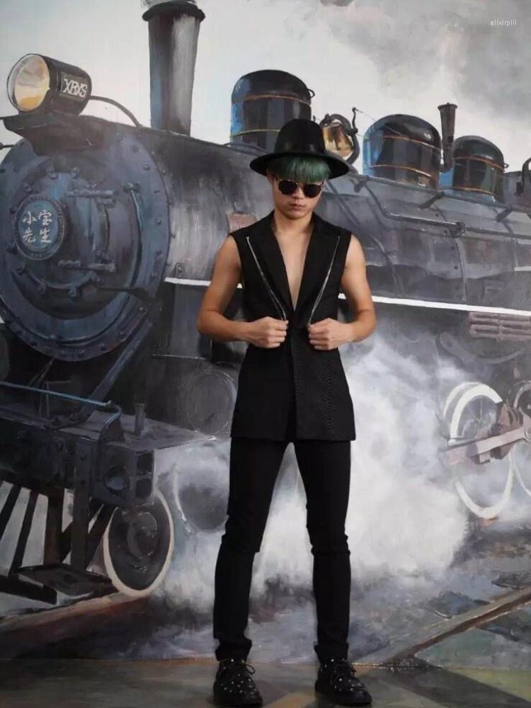 

Men' Vests Autumn And Winter Korean Version Men Slim Long Coat Hair Stylist Nightclub Sleeveless Windbreaker Vest Male Jackets, Black