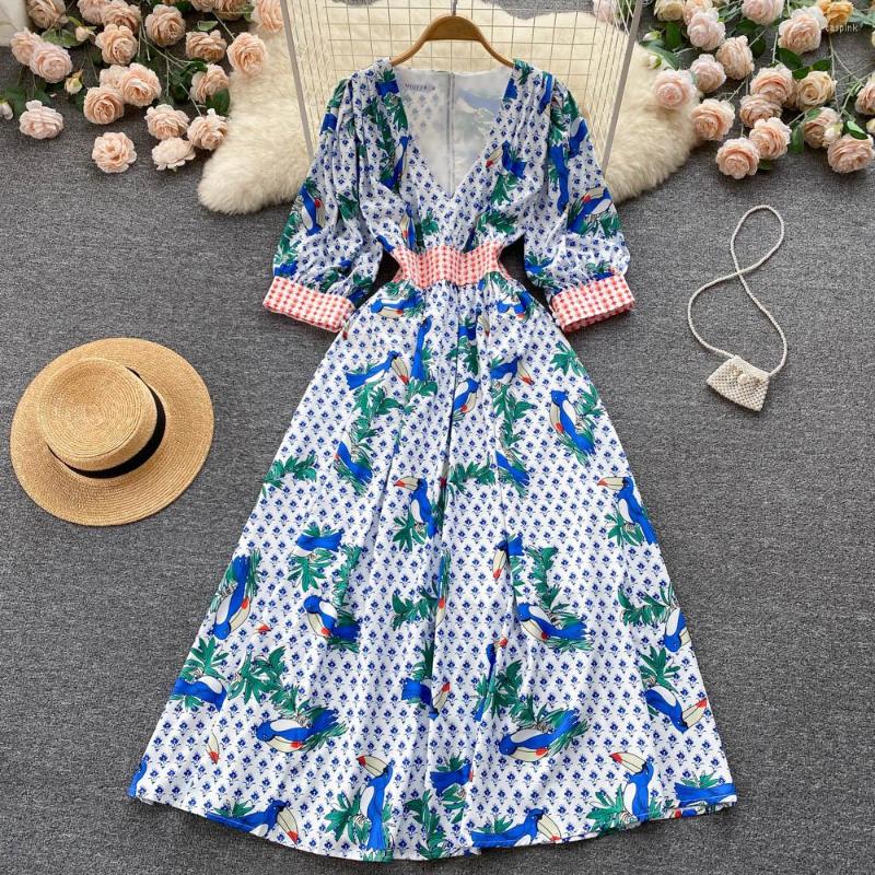 

Party Dresses Summer Sexy V-neck Dress Women Contrast Color Stitching Print Slim Holiday Maxi For 2023, Blue