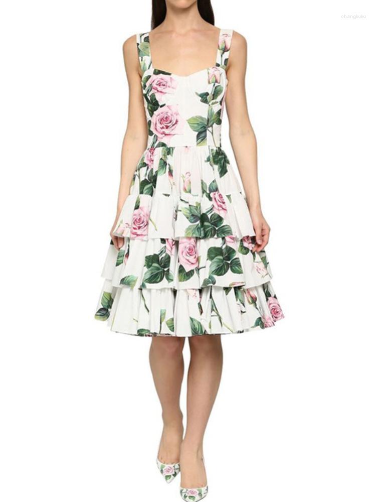 

Casual Dresses Sexy Backless Tierred Dress Summer Women' Strap Chiffon Printed Ruffles Unique Beach Vacation 2023 Luxury Designer, Mixed color