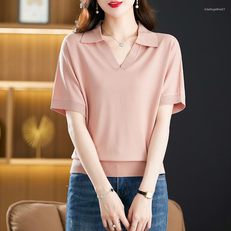 

Women' T Shirts XJXKS Women' T-shirt 2023 Summer Loose Oversize Mulberry Silk Knit Short-sleeved Tops Fashion Lapel Bat Sleeve, Green