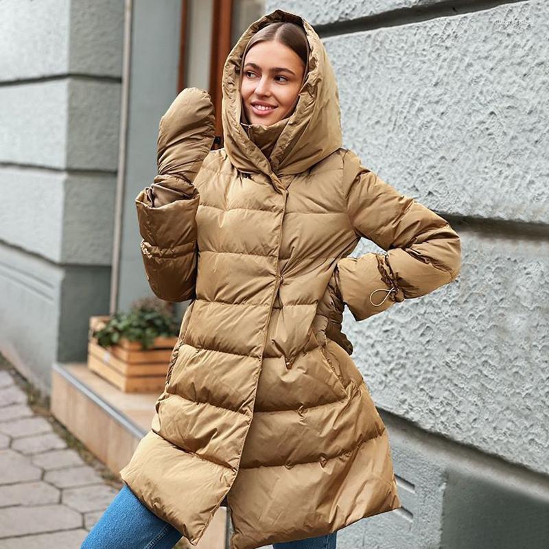 

Women's Down YANA Fashion Hooded Fake Two Parkas Women Elegant Windproof Inside Zip Closure Coats Covered Button Cotton Jackets Ladies, Black