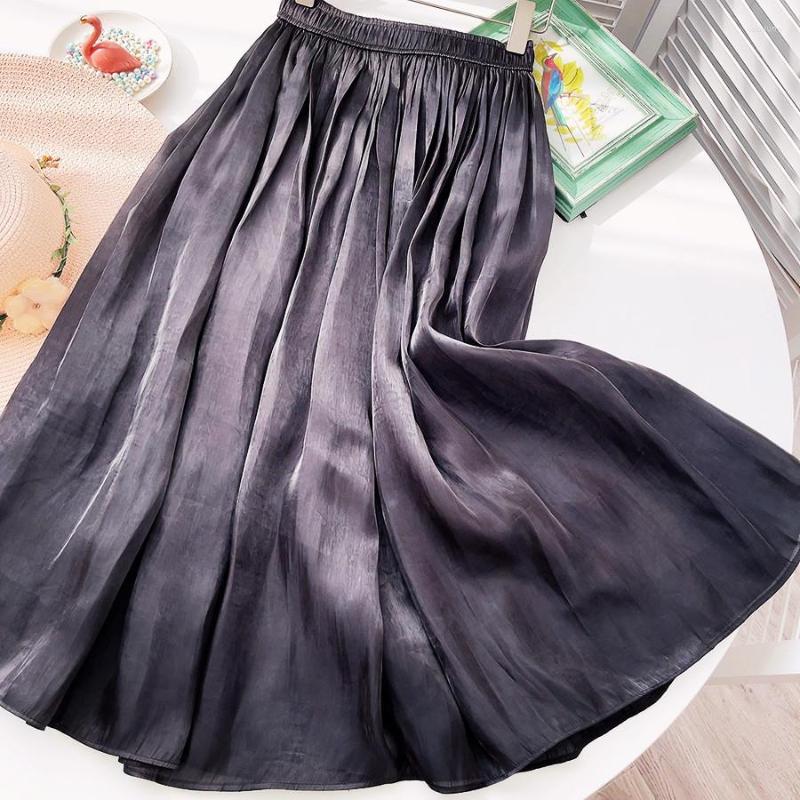 

Skirts 2023 Women Elegant Pleated Midi Skirt Female Ladies Casual Elastic High Waist Quality Silk Long Spring Summer Fashion, Black