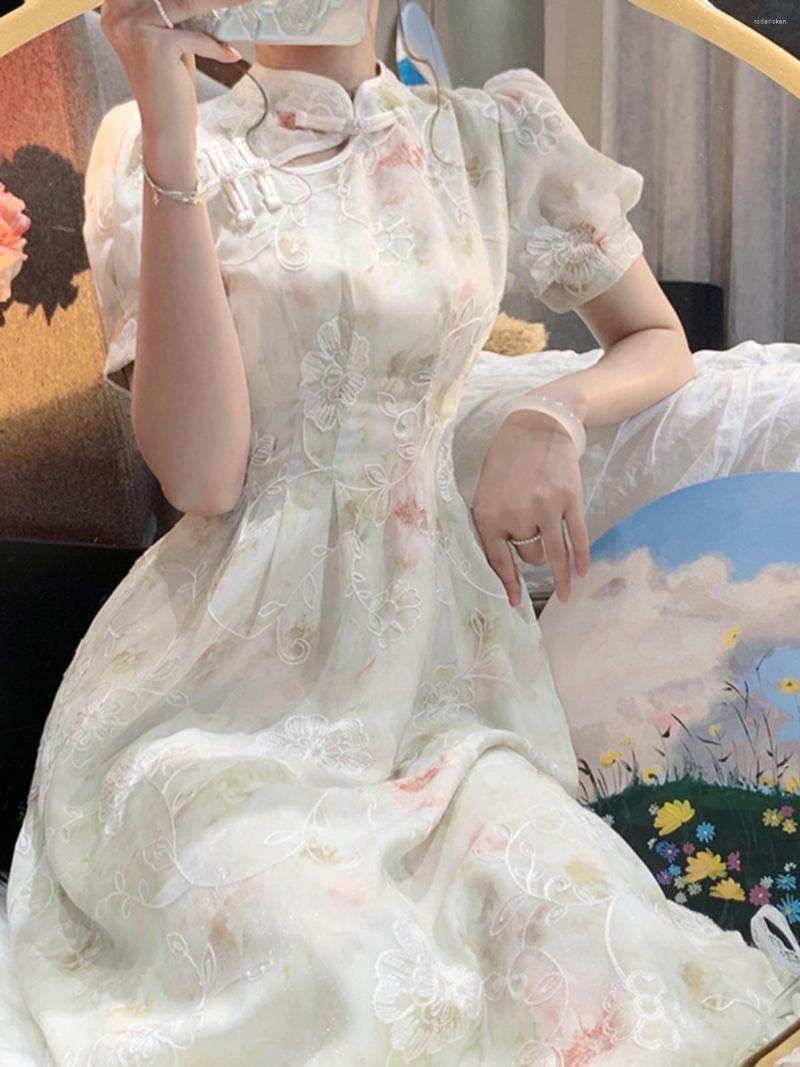 

Ethnic Clothing 2023 Chinese Style Improved Cheongsam Dress Summer Puff Sleeve Women Fashion Princess Beige S To XXL