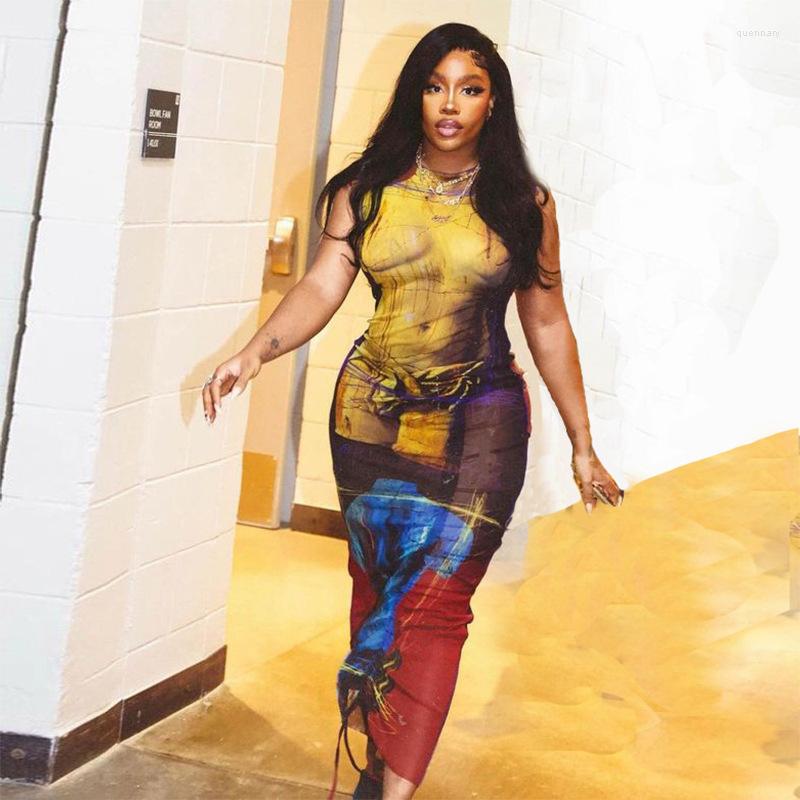 

Casual Dresses European And American Style 2023 Spring Women' Fashion Printed Mesh Hollow Round Neck High Waist Slim Fit Dress, Yellow