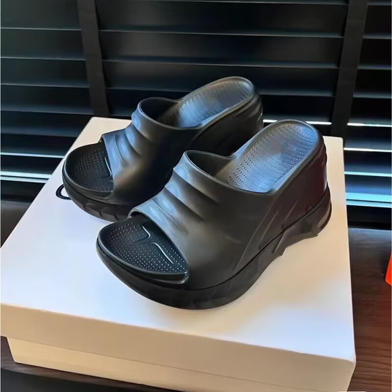 

2023 Woman fashion thick bottom flats sandals girls summer holiday beach soft flops slides casual high pumps 9cm bottom shoes black white size 34-41 black No Box #A076