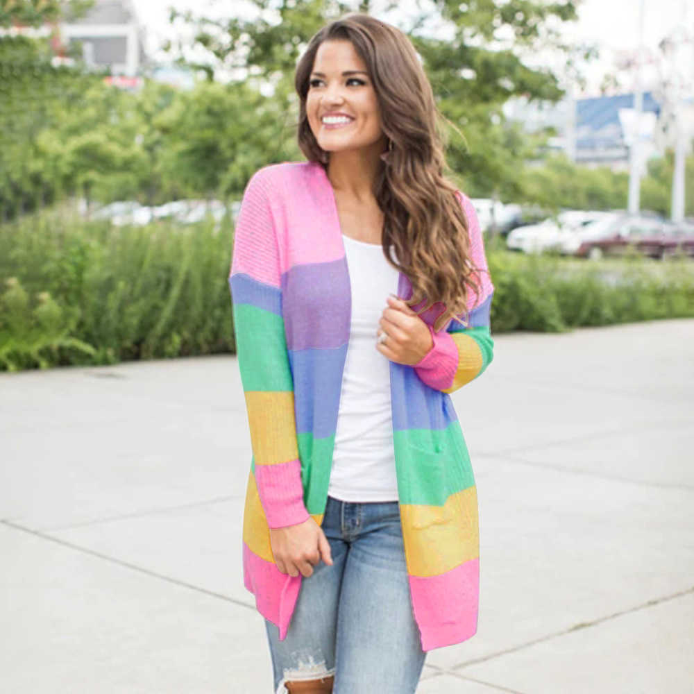 

Loose Color Sweater New Long Sleeve Contrast Stripe Knitted Cardigan Coat Woman Tops, Pink
