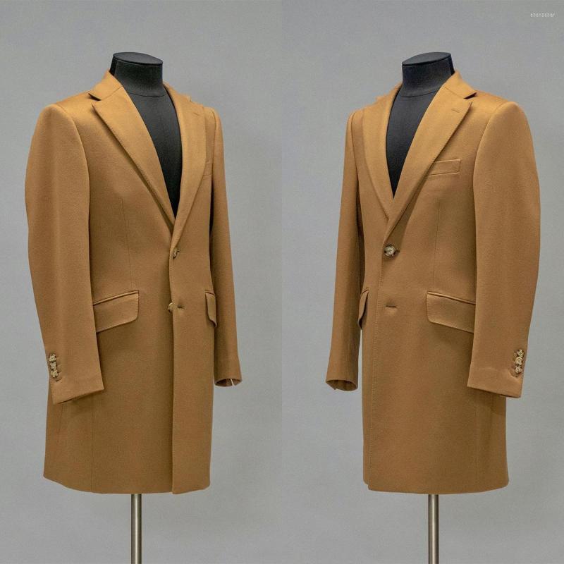 

Men's Suits Brown Men's Suit One Piece Single Breasted Long Coat Peaked Lapel Business Wool Overcoat Wedding Groom Tailored Costume, Silver