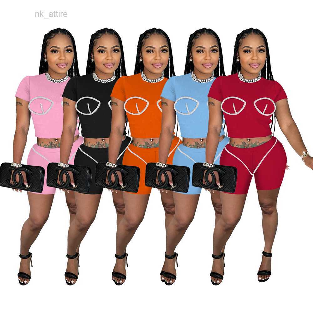 

NEW Designer Summer Tracksuits Two Piece Sets Women Outfits Solid Short Sleeve T-shirt and Shorts Casual Print Sportswear Bulk items Wholesale Clothing 9422, Orange