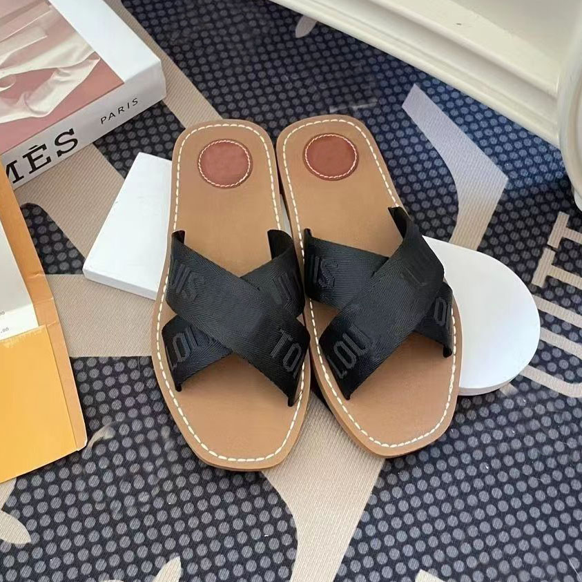 

Designer WOODY Ladies Sandals Slippers Seven Colors Light Brown Yellow Beige White Black Pink Lace Letters Fabric Canvas Slippers Ladies Summer Outdoor Shoes, #2