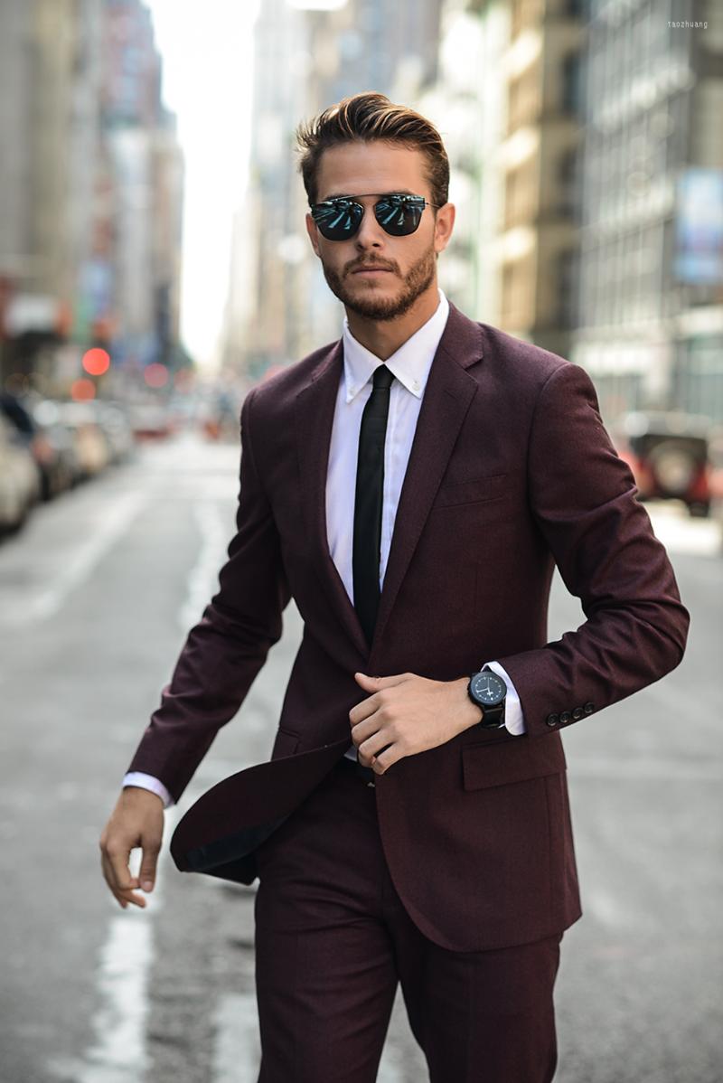 

Men's Suits 2023 Latest Formal Wine Red Suit For Men Notch Lapel 2 Pieces Smart Business Wedding Groomsman Blazer Set With Pants, Burgundy