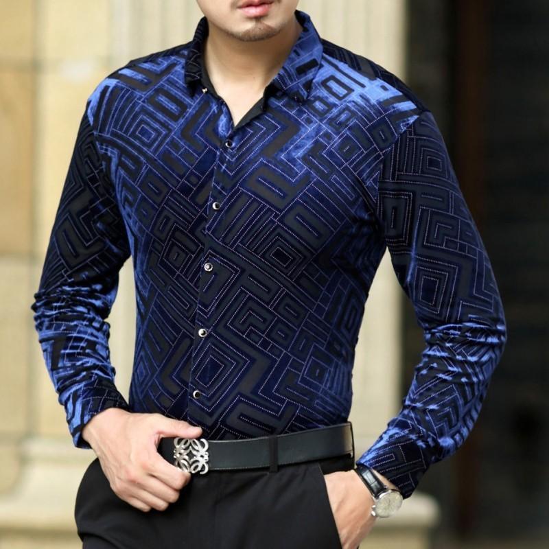 

Men's Casual Shirts Stylish Geometric Pattern Print Shirt Velvet Transparent Long Sleeve Men 2023 Business Party Prom Club Luxury Soft, Blue