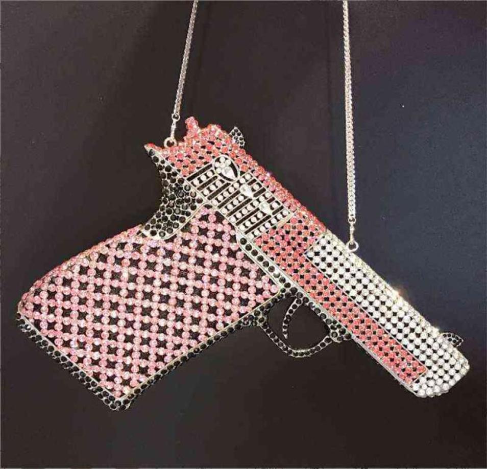 

Luxury Diamond Crossbody Women Handbag Lady Phone Purse Hood Bag Gun Shape Crystal Bling Rhinestone Evening Clutch Bags 2206161047657, Ivory