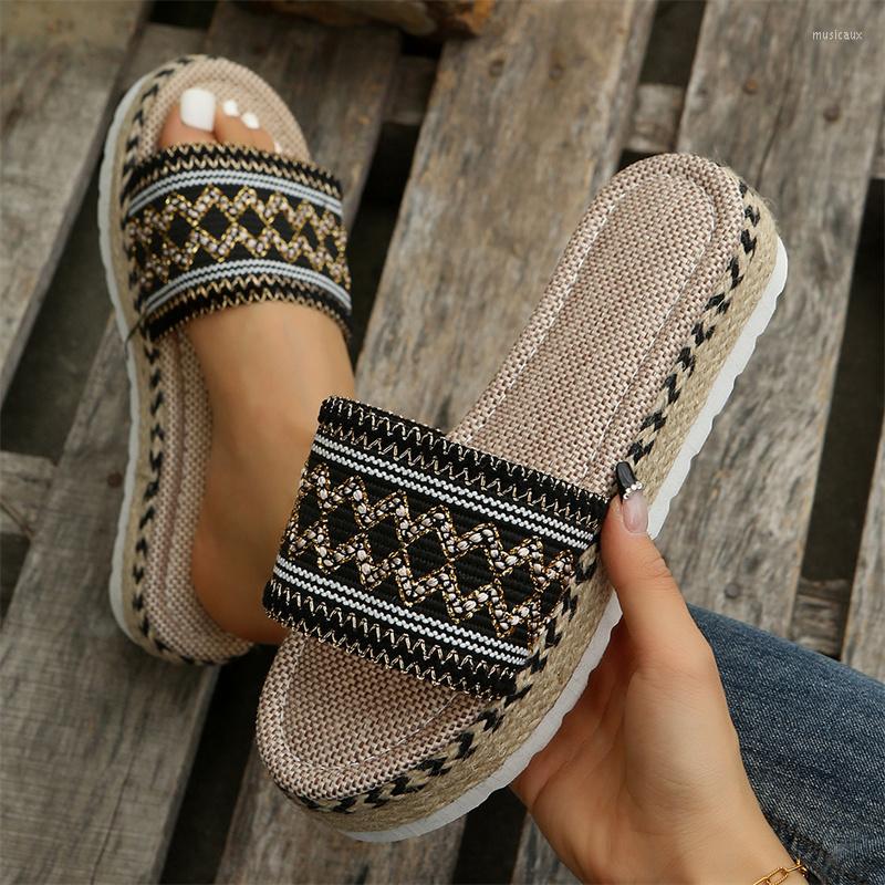 

Slippers Vintage Ethnic Style Braide Geometry Beach Slipper Fashion Peep Toe Sandals Casual Thick Wedege Heel Slip-on Women's Shoes, Black