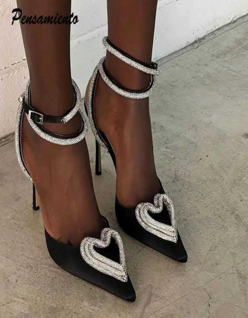 

Dress Shoes Ins style Luxury Rhinestones Heartshaped Women Pumps Sexy Ankle strap Satin Thin High heels Female Summer Party Prom 4936447, Black