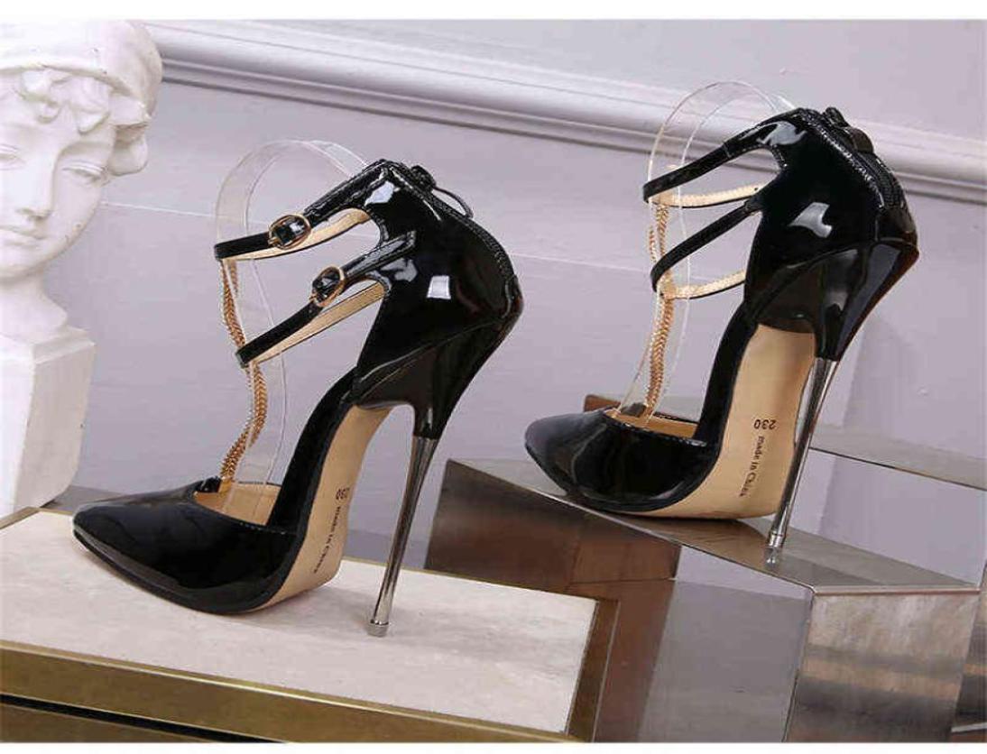 

Crossdresser shoes zapatos mujer 16cm thin heels Sandals women wedding Pumps Bridal Buckle Patent Leather Stiletto Drop A8349711, Red