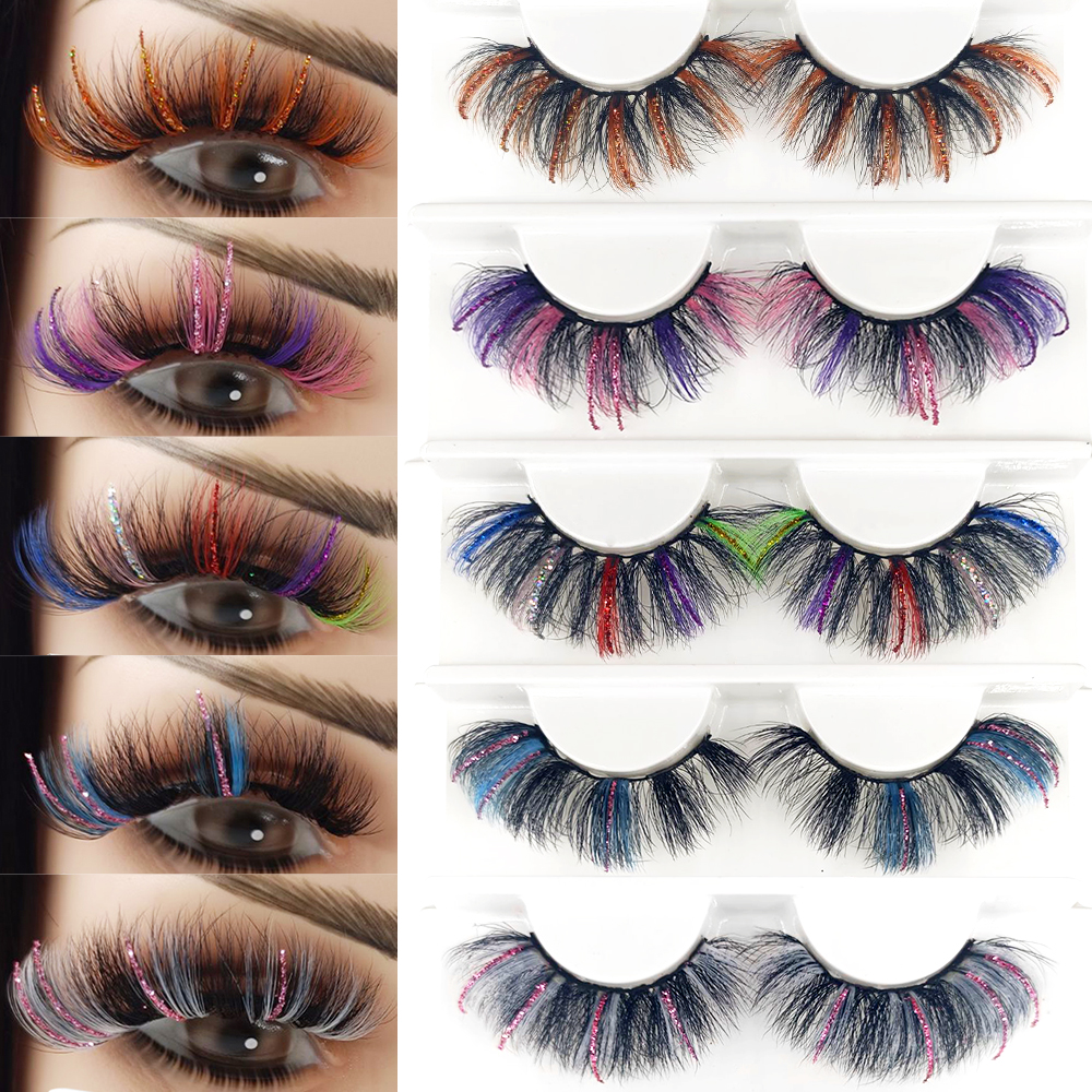 

NEW 1 Pair 25mm 3D Glitter Color Mink Lashes Fluffy Natural False Eyelashes Extension Supplies Bulk Manga Lash Boxes Packaging wss