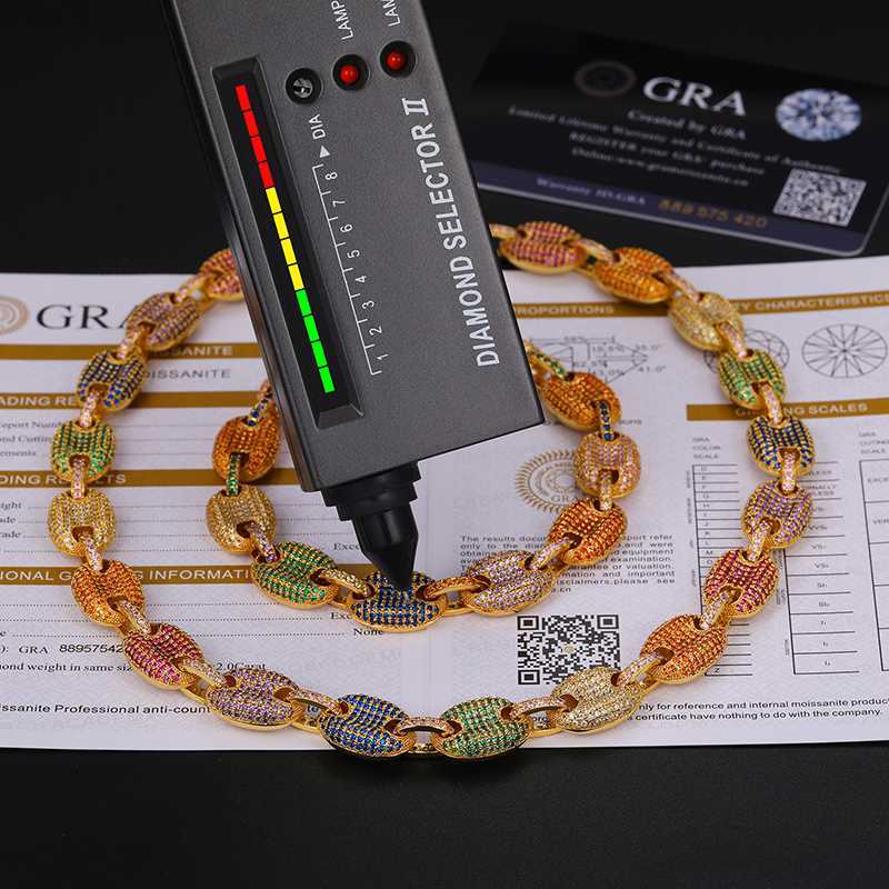 

Wholesale Party Jewelry Hip Hop Men's 12mm Gold Plated Silver VVS Moissanite Colorful Iced Out Button Cuban Link Chain