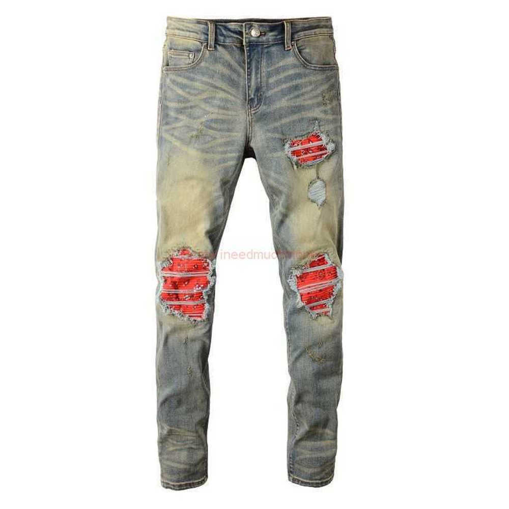 

Designer Clothing Amires Jeans Denim Pants Fog Amies Fashion Brand Wash Water Holes Do Old Red Patch Slimming Jeans Mens High Street Ins Small Leg Pants Distressed Rip, Picture color