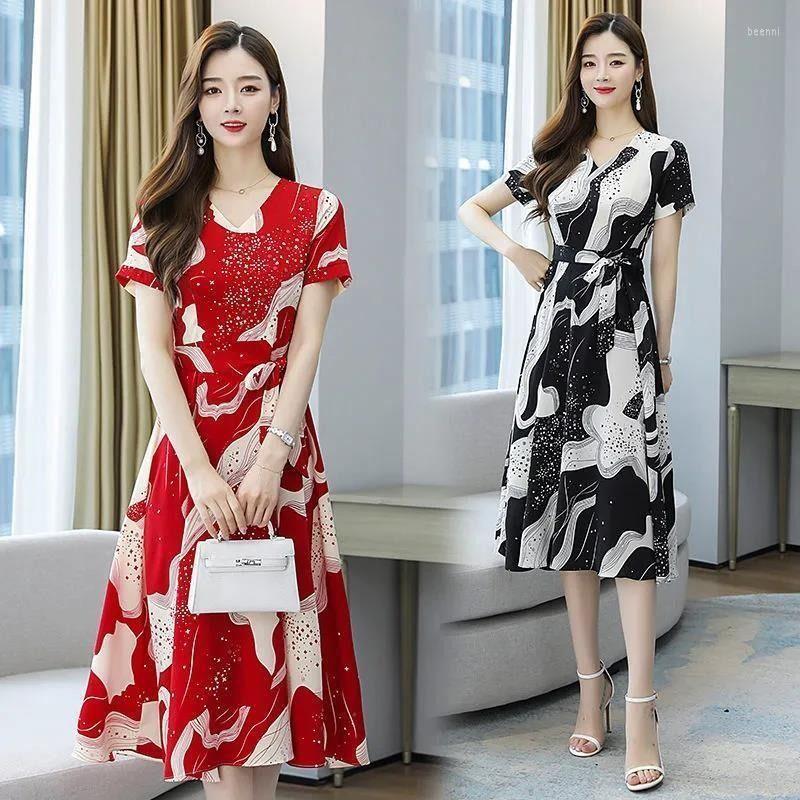 

Casual Dresses 2023 Summer Printing Fashion Dress Korean Style All-match High-end Mid-length Loose Plus Size Women's, Red