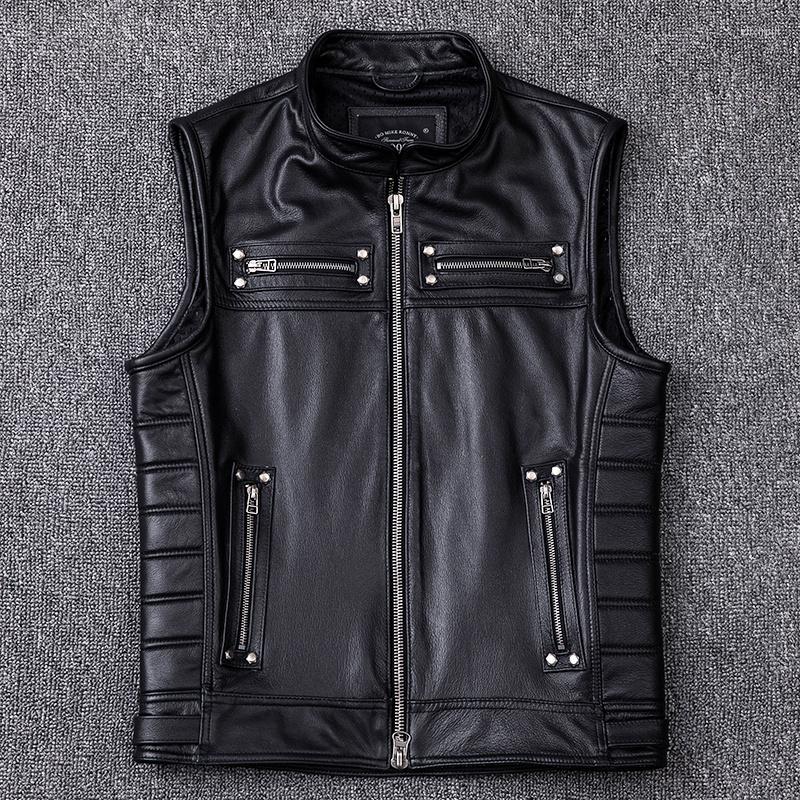 

Men' Vests 2023 Genuine Cowhide Leather Vest Men' Motorcycle Biker High Quality Stand Collar Sleeveless Jackets Zipper Waistcoat, Grey vintage