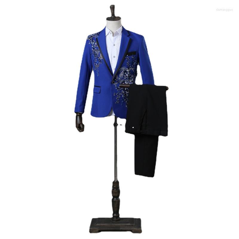 

Men's Suits Stage Costume Wear Stereo Diamond Suit 2 Piece Set Coat Pants Men Red Black Blue Blazers Mens, Picture shown