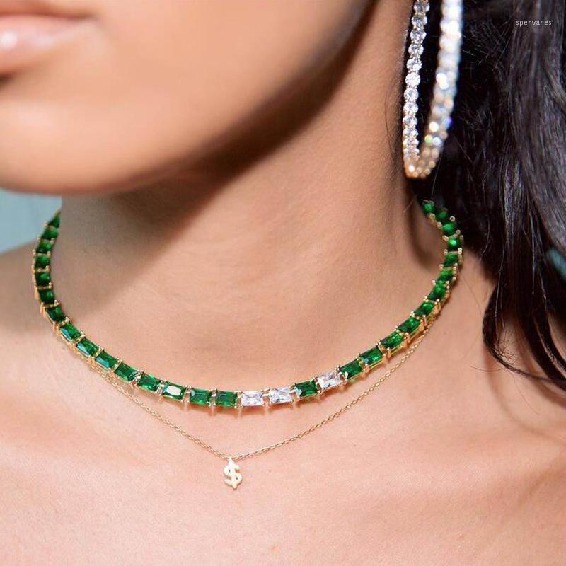 

Chains Rectang CZ Tennis Chain Full Necklace Iced Out White Green Cubic Zirconia Vermeil Rectangle Choker Women