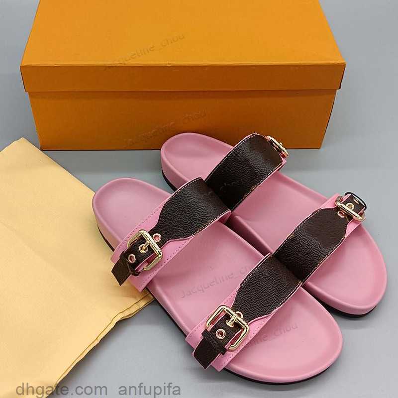 

Woman Designer Sandals Fashion Slides Real Leather Summer Platform Slipper Classic Brown Prints Flat Mules Woman Buckle Sandales, 5#