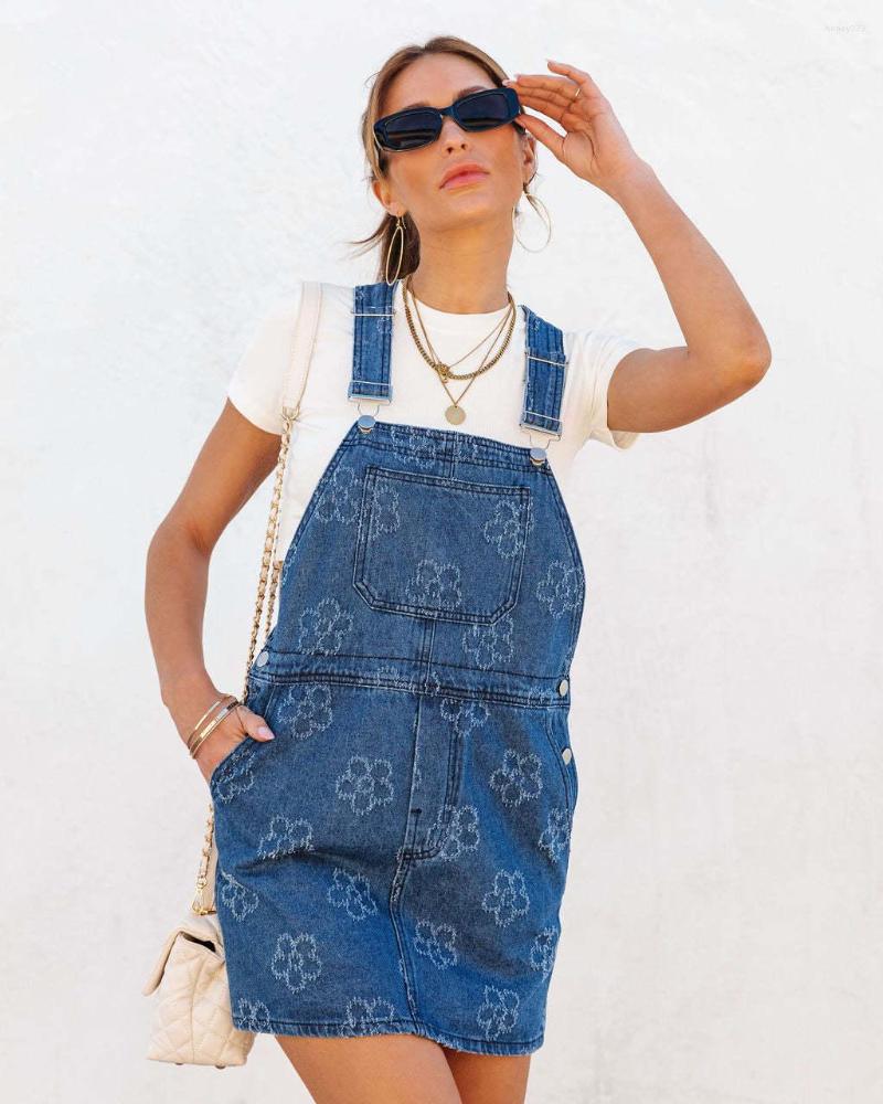 

Casual Dresses 2023 Denim Strap For Women Sleeveless With Pockets Jacquard Solid Sweet Cute Cowboy Mini Dress Vestidos, Blue