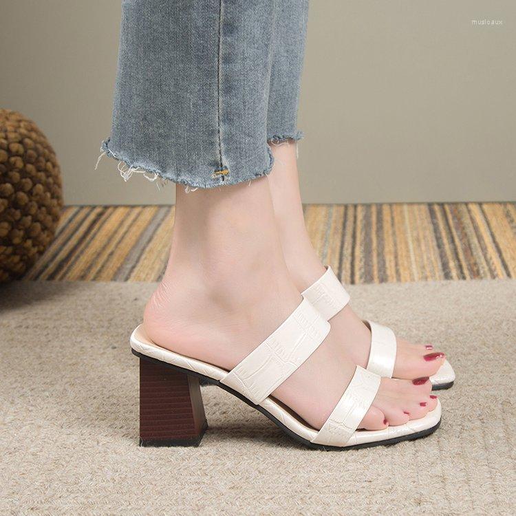 

Slippers 2023 Temperament Pure Color Thick High Heel Square Toe Open Hollow Ankle-Strap Buckle Women's, Black