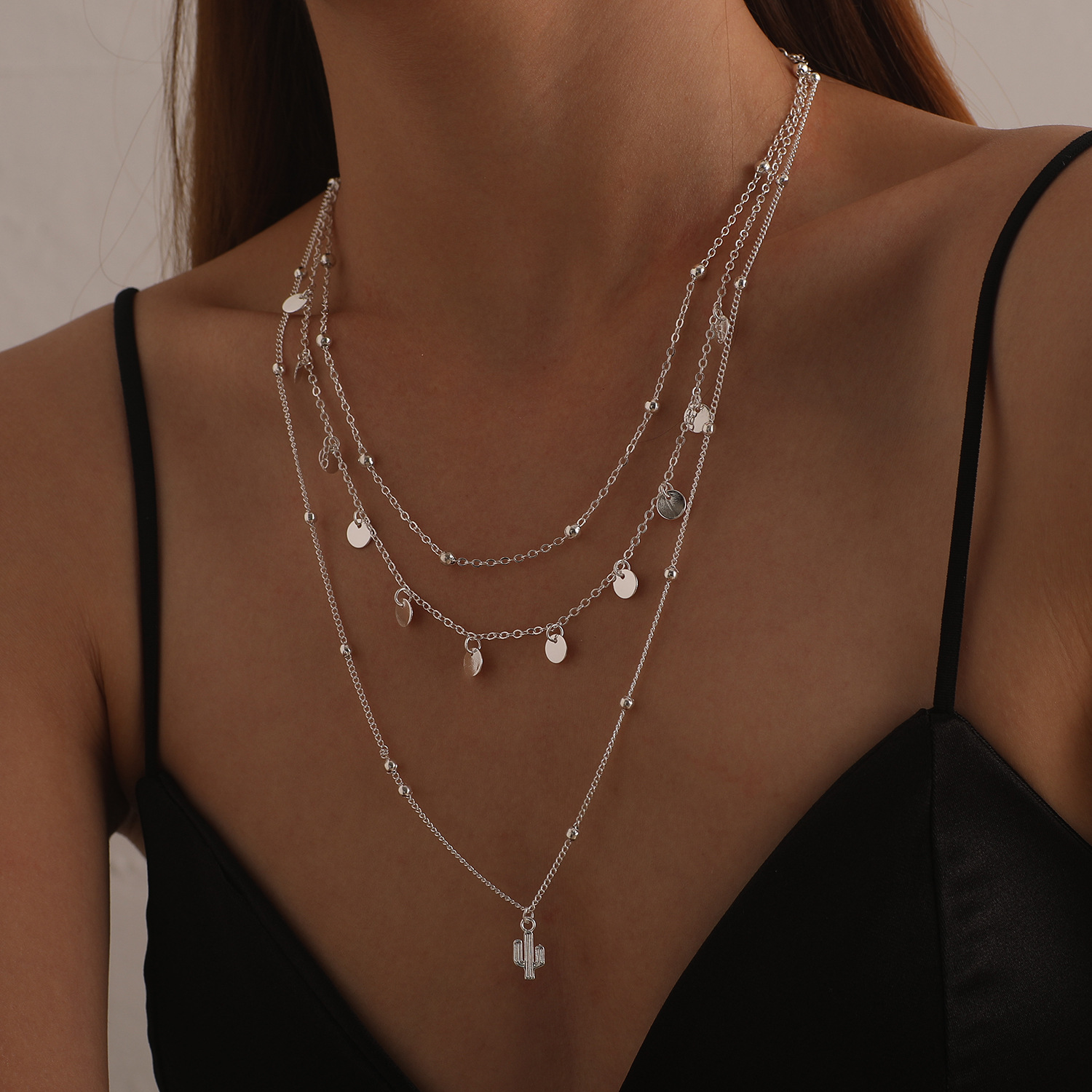 

pendant necklace trendy necklaces for women alloy disc cactus pendant necklace, ladies simple ball chain multi-layer necklace fashion jewelry Valentine's Day