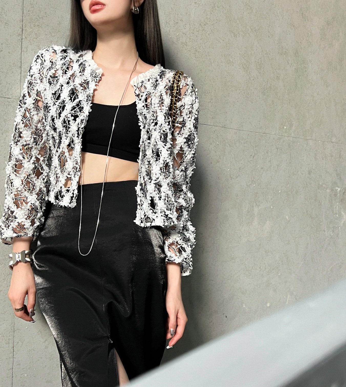 

European fashion brand hollow petal woven cardigan, Multi