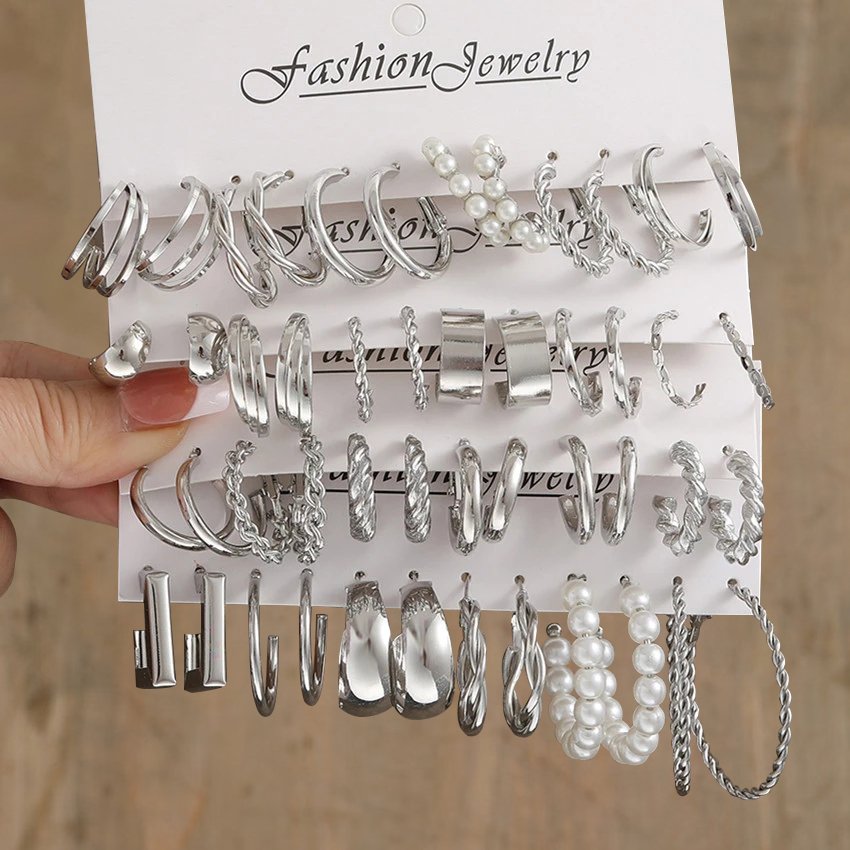 

Silver Color Pearl Twist Hoop Earrings Set For Women Jewelry pendientes Vintage Circle Geometric Dangle Earrings Trendy Gifts