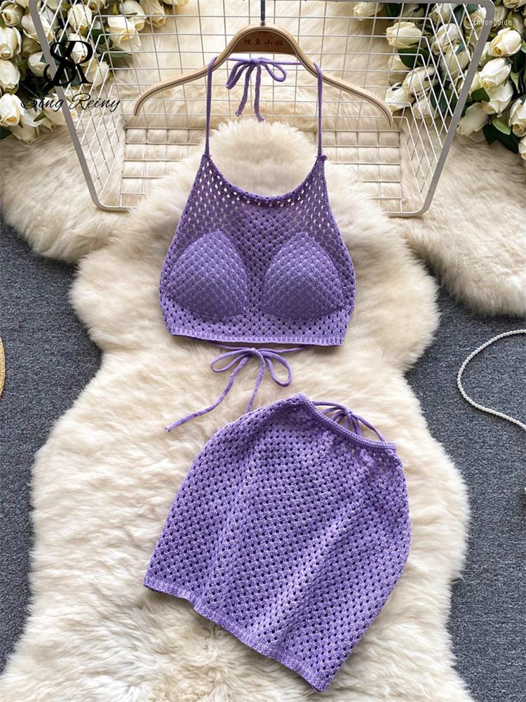 

Work Dresses SINGREINY Summer Beach Two Pieces Sets Women Halter Short Camis Lace Up Mini Skirt Fashion Hollow Out Sheer Backless Sexy, Purple