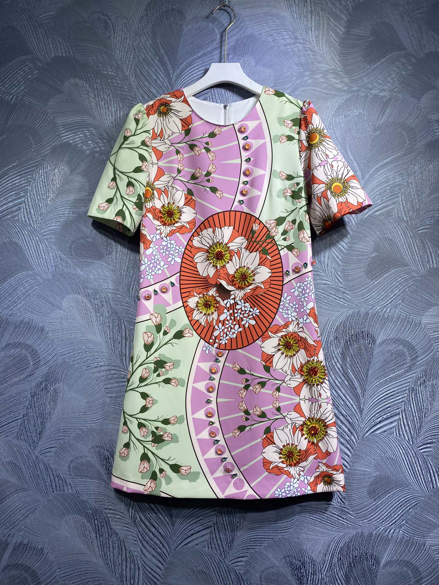 

Designer Original Beaded Dress 2023 Spring/Summer New Fashion Flower Print Women's Round Neck Short Sleeve Elegant Dress S-XL, Customize