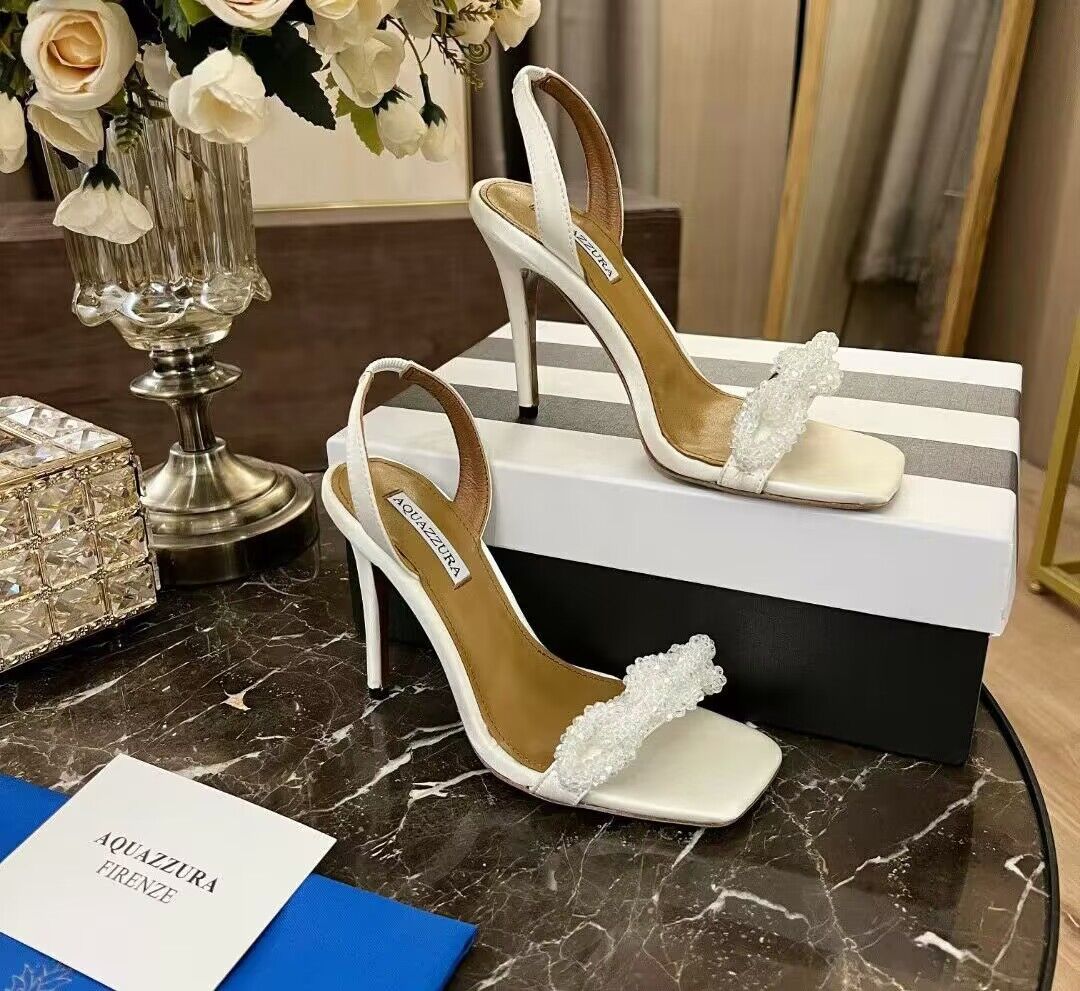 

Luxury Chain of Love Sandals Shoes Aquazzura Open Toe Slingback Women Crystal Stain Party Wedding Dress Glitter Lady High Heels EU35-43 Original Box