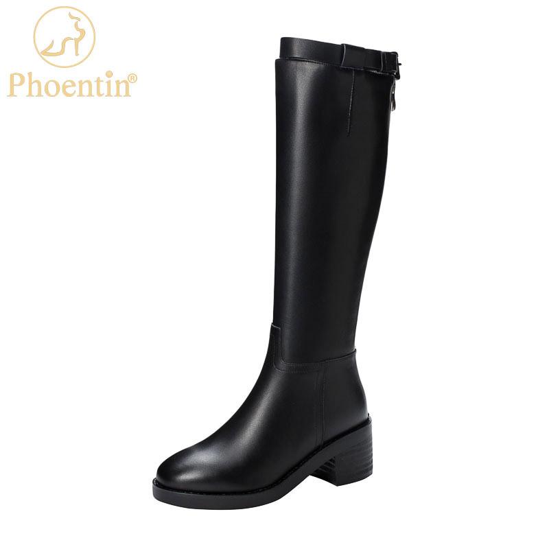 

Boots Phoentin Women's Knee High Riding Back Zipper Round Toe Genuine Leather Autumn Winter Fashion Long Boot Black FT1729, Black 6cm heel
