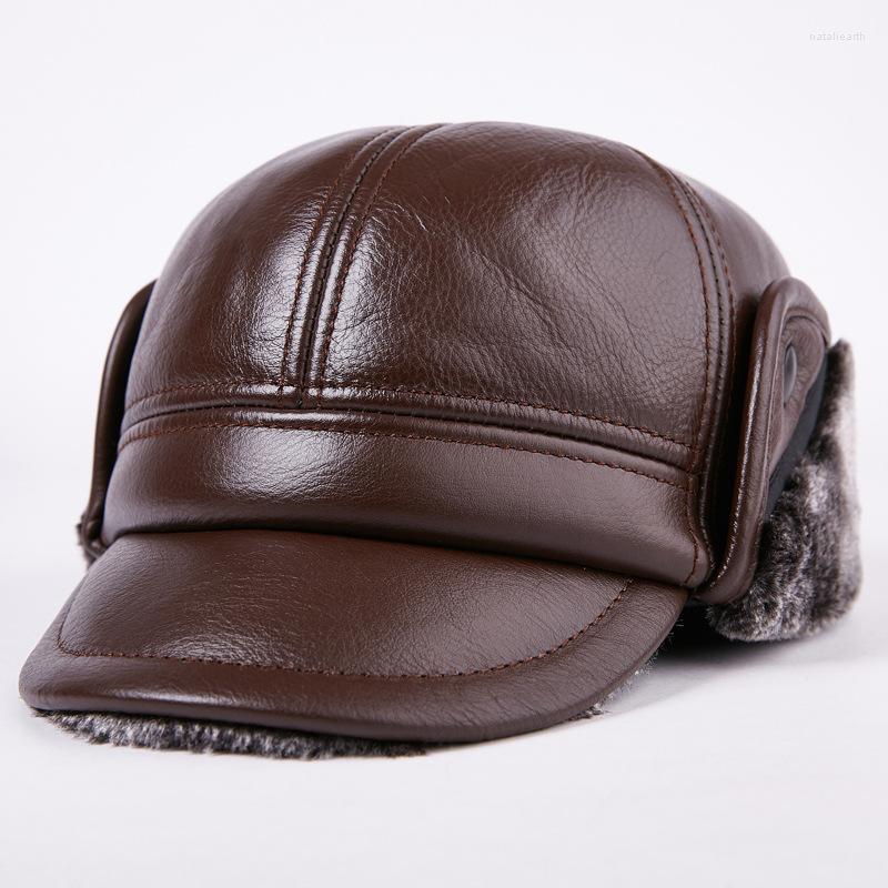 

Ball Caps Men's Genuine Leather Hat Adult Baseball Cap High Quality Fur Inside Earprotection Adjustable Hats B-7195, Black