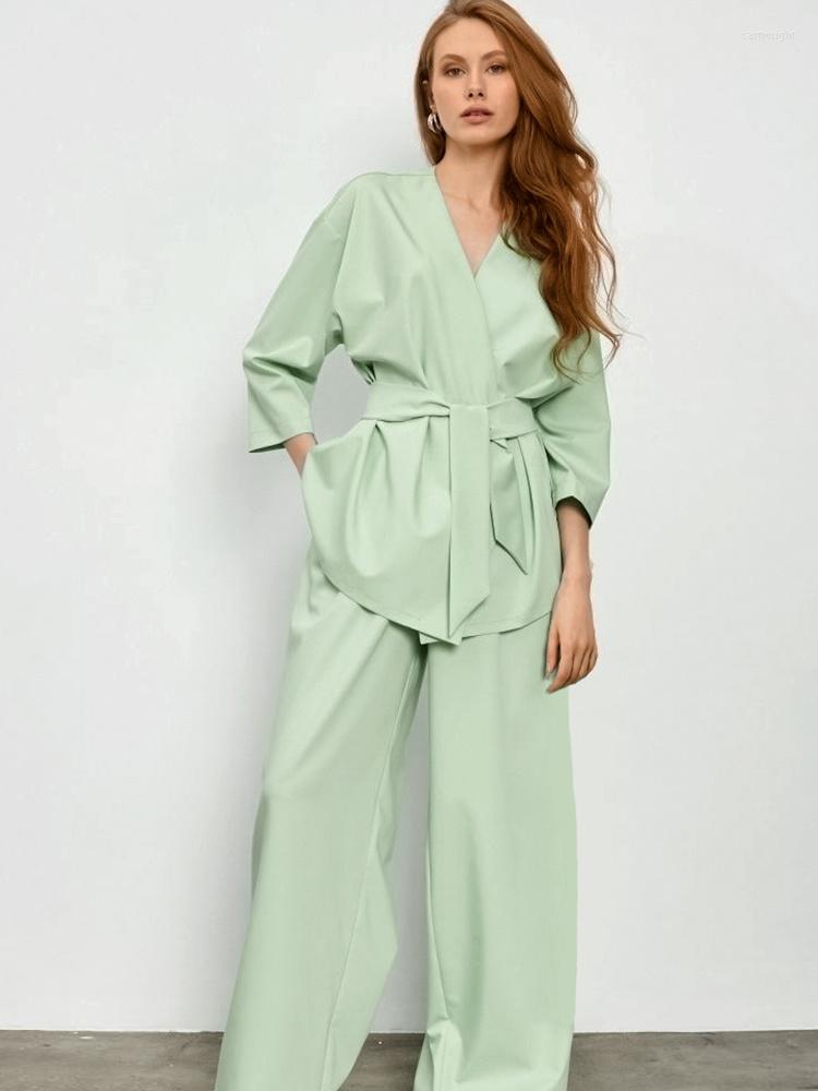 

Women' Sleepwear Green Pajamas For Women 2 Piece Sets Loose Three Quarter Sleeve Sashes Female Casual Trouser Suits Spring 2023