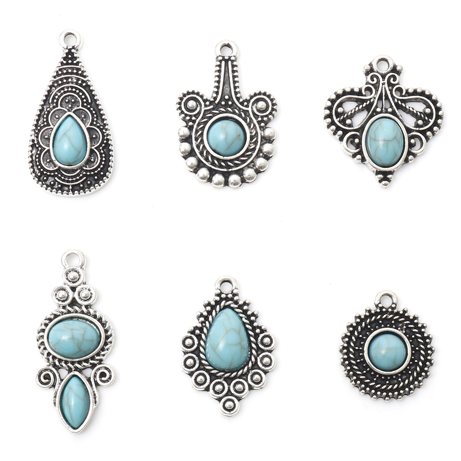 

Bohemian Charms Antique Silver Color Carved Pattern With Resin Cabochons Imitation Turquoise Pendants DIY Necklace Jewelry,10PCs
