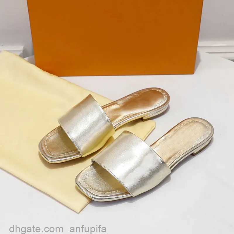

Fashion flat heel summer slippers women solid color embossed real leather designer slides sandals 9 colors, Gold