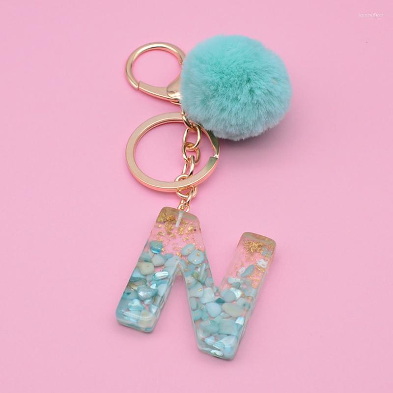 

Keychains Fluffy Pompom Letter Pendant For Women Cute Car Acrylic Key Chains Keyring Charm Bag Oranment Friends Couple Gifts