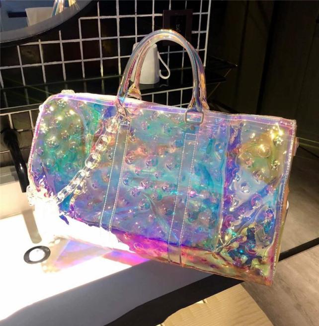 

Quality Sports Gym Bag Transparent Embossed Boarding Luggage Portable Colorful Laser Travel Bags Large Capacity Whole5349048, Sky blue