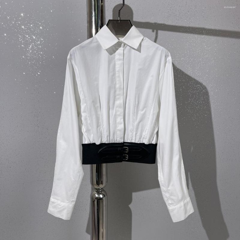

Women' Blouses Cotton Waist Trimming Shirt With Belt For Spring And Summer, White