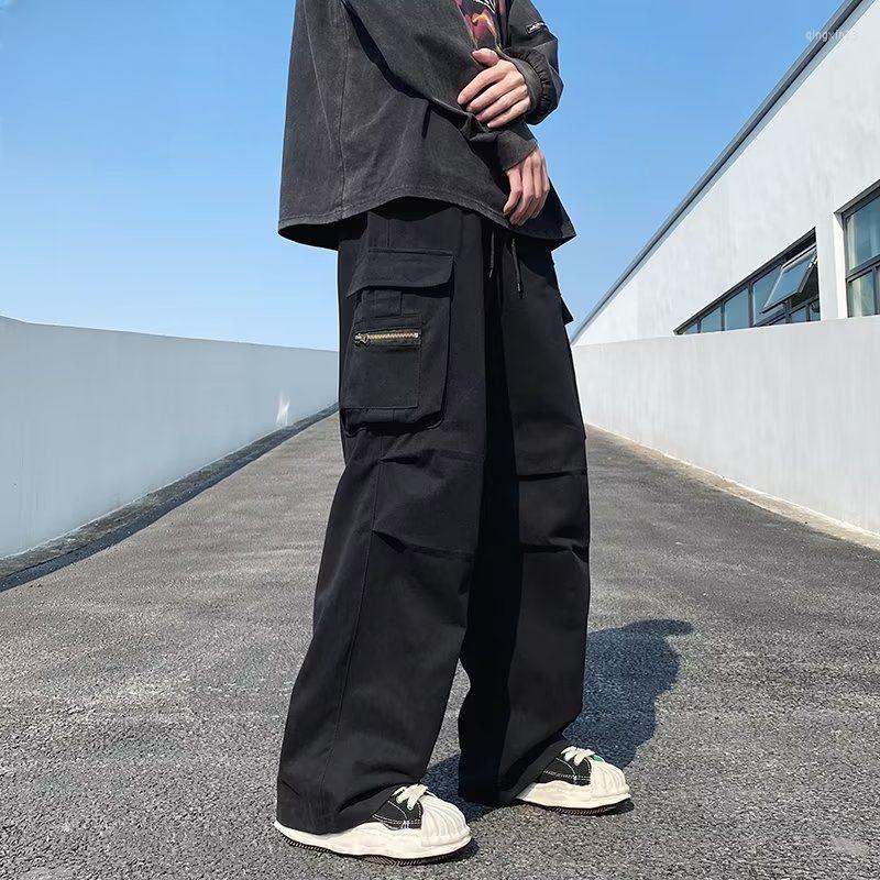 

Men's Pants 2023 Spring Autumn Men's Big Pockets Cargo Men Streetwear Wide-leg Male Sweatpants Solid Loose Trousers H179, Green