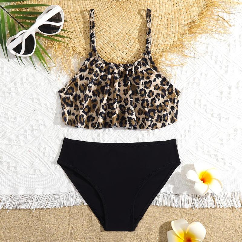 

Women's Swimwear Girls Leopard Print Bikini Swimsuit Kids Ruffle Flounce Two Piece Children's 5-14 Years Teenager Bathing Suit Beachwear, Black