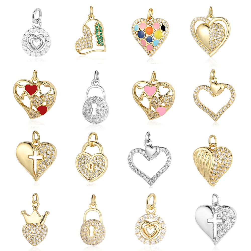 

3pcs/lot Heart Lock Brass Cubic Zircon Charm Cross Crown Circle Wing Pendant for Bracelet Earring Necklace Making Wholesale
