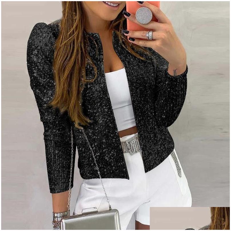 

Women' Jackets Womens Long Sleeve Open Front Sequin Coat Women Casual Female Jacket Pearls Buttons Oneck Out Wear Ladies Drop Deliv Dh8Nq, Black